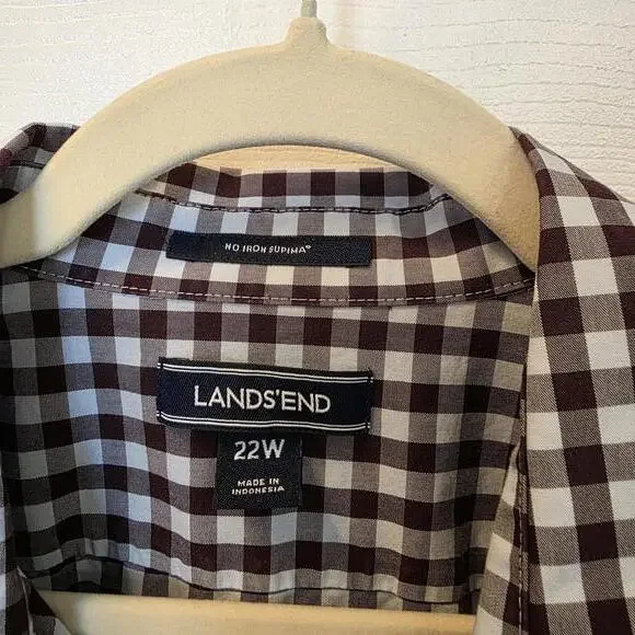 Lands' End Women's 22W Brown and White Gingham Cotton Button-Up Shirt - Picture 2 of 8